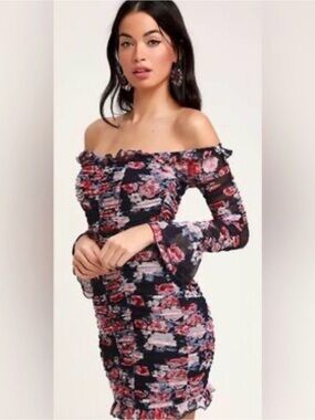 Lulu's Navy Floral Off-Shoulder Long Sleeve Bodycon Dress